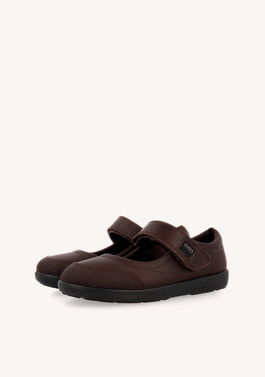 BROWN LEATHER BALLERINA-STYLE SCHOOL SHOES WITH ADJUSTABLE FASTENING LAMBDA