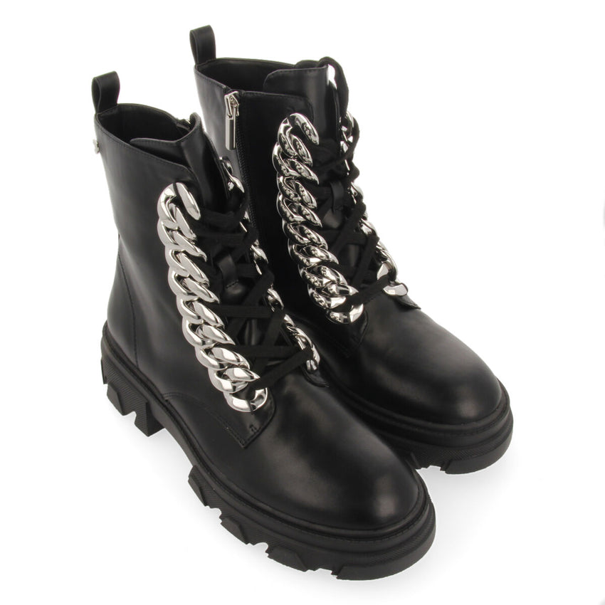 Holzthum women's black lace-up combat boots with track soles and maxi chains