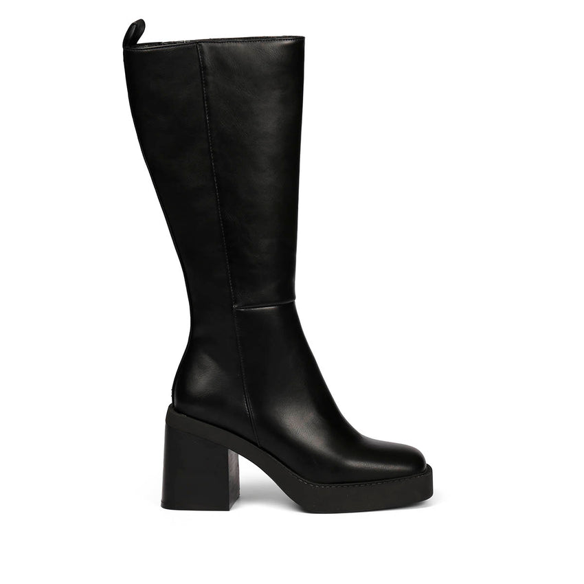 Goeblange women's straight black knee-high boots with square toes, a thick platform and wide heels
