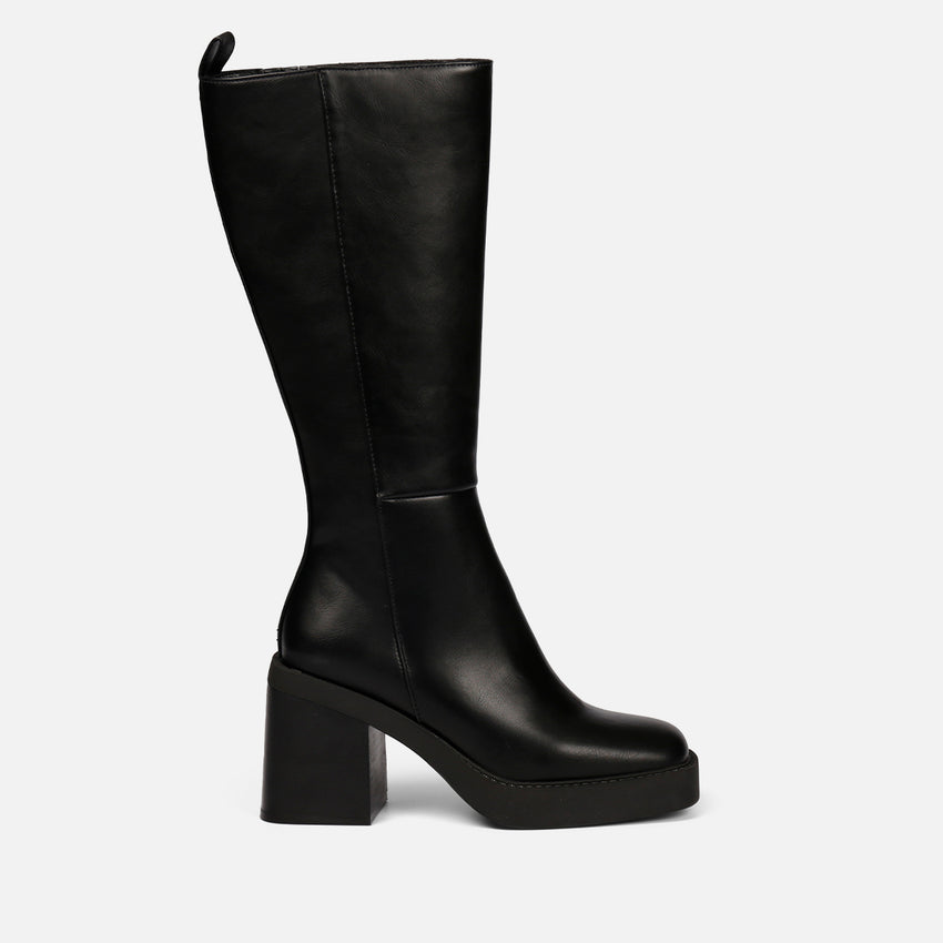 Goeblange women's straight black knee-high boots with square toes, a thick platform and wide heels