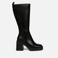 Goeblange women's straight black knee-high boots with square toes, a thick platform and wide heels
