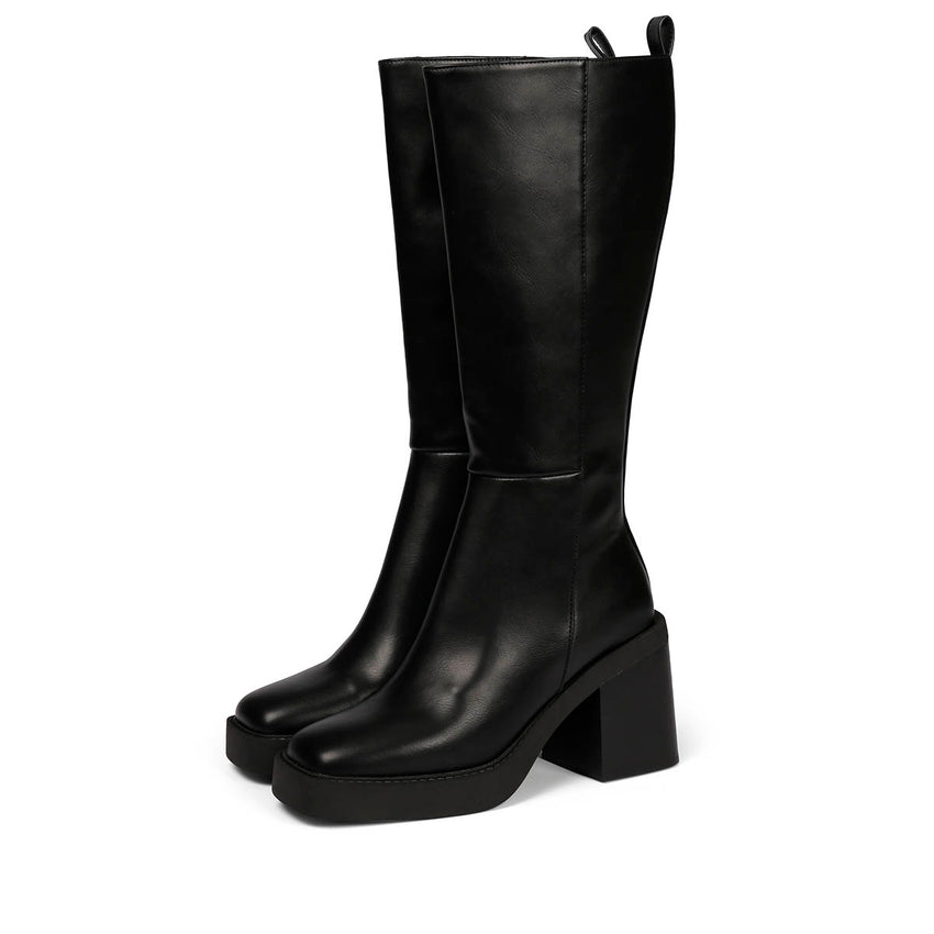 Goeblange women's straight black knee-high boots with square toes, a thick platform and wide heels