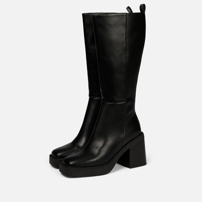 Goeblange women's straight black knee-high boots with square toes, a thick platform and wide heels