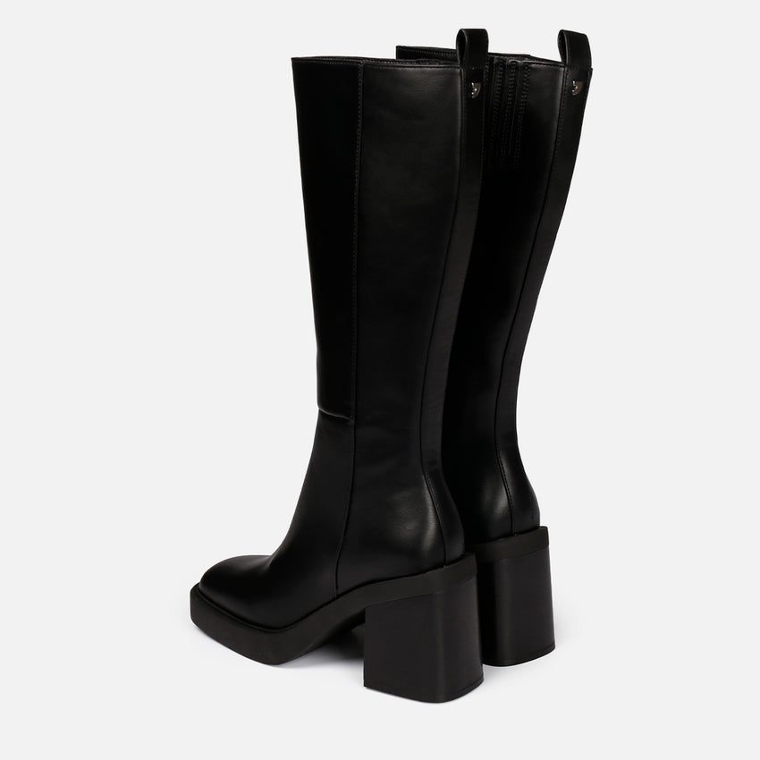 Goeblange women's straight black knee-high boots with square toes, a thick platform and wide heels