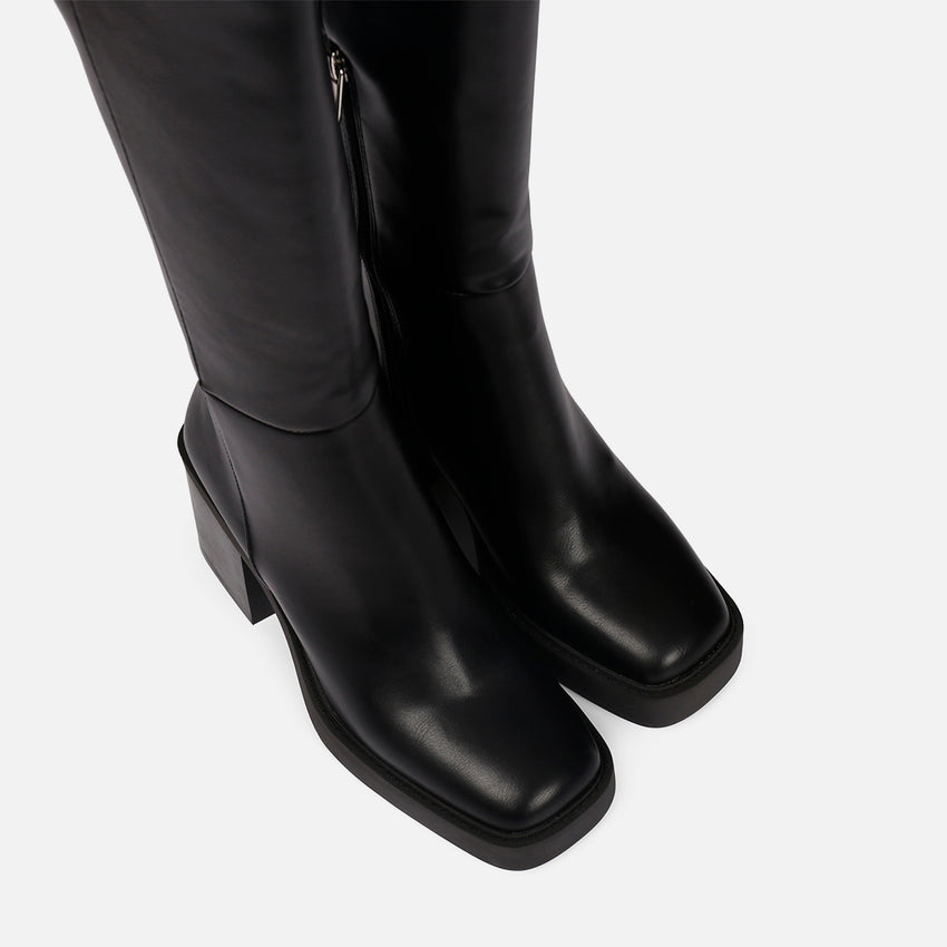 Goeblange women's straight black knee-high boots with square toes, a thick platform and wide heels