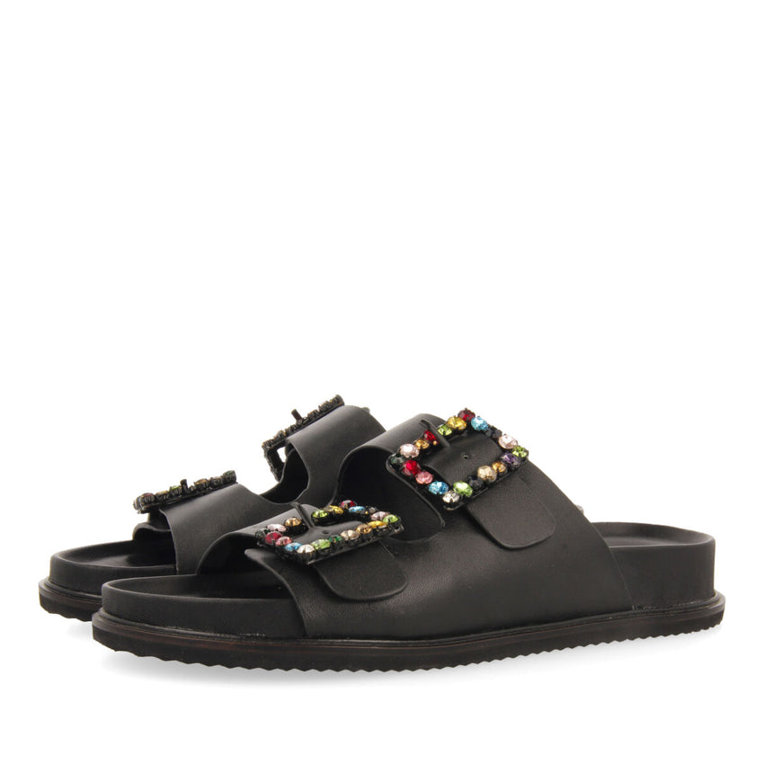Koronadal women's black footbed sandals with multicoloured crystal buckles