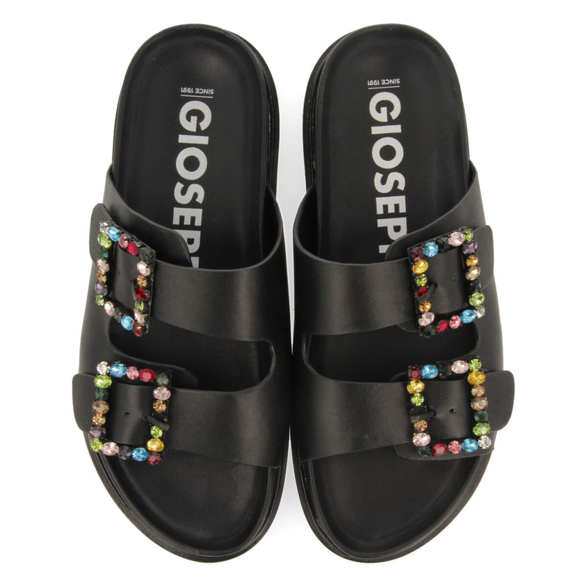 Koronadal women's black footbed sandals with multicoloured crystal buckles