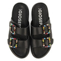 Koronadal women's black footbed sandals with multicoloured crystal buckles