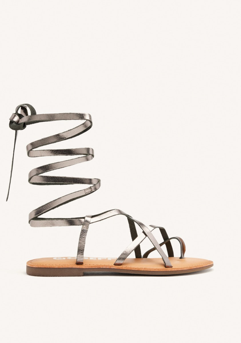 Lussat sandals with thin dark silver straps to tie around the leg