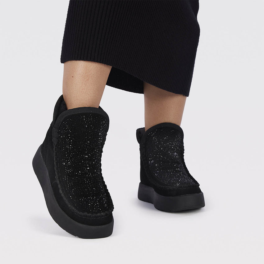 Cupar women's black split-suede shearling boots with crystals
