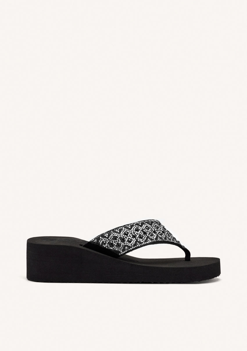 BLACK WEDGE SANDALS WITH CRYSTAL EMBELLISHMENT FOR WOMEN DRENOVE