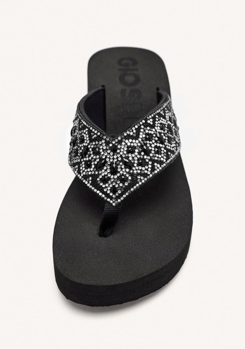 BLACK WEDGE SANDALS WITH CRYSTAL EMBELLISHMENT FOR WOMEN DRENOVE