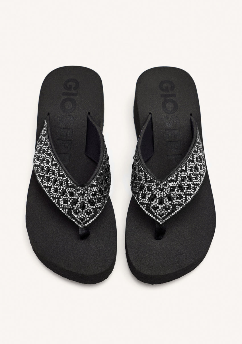BLACK WEDGE SANDALS WITH CRYSTAL EMBELLISHMENT FOR WOMEN DRENOVE