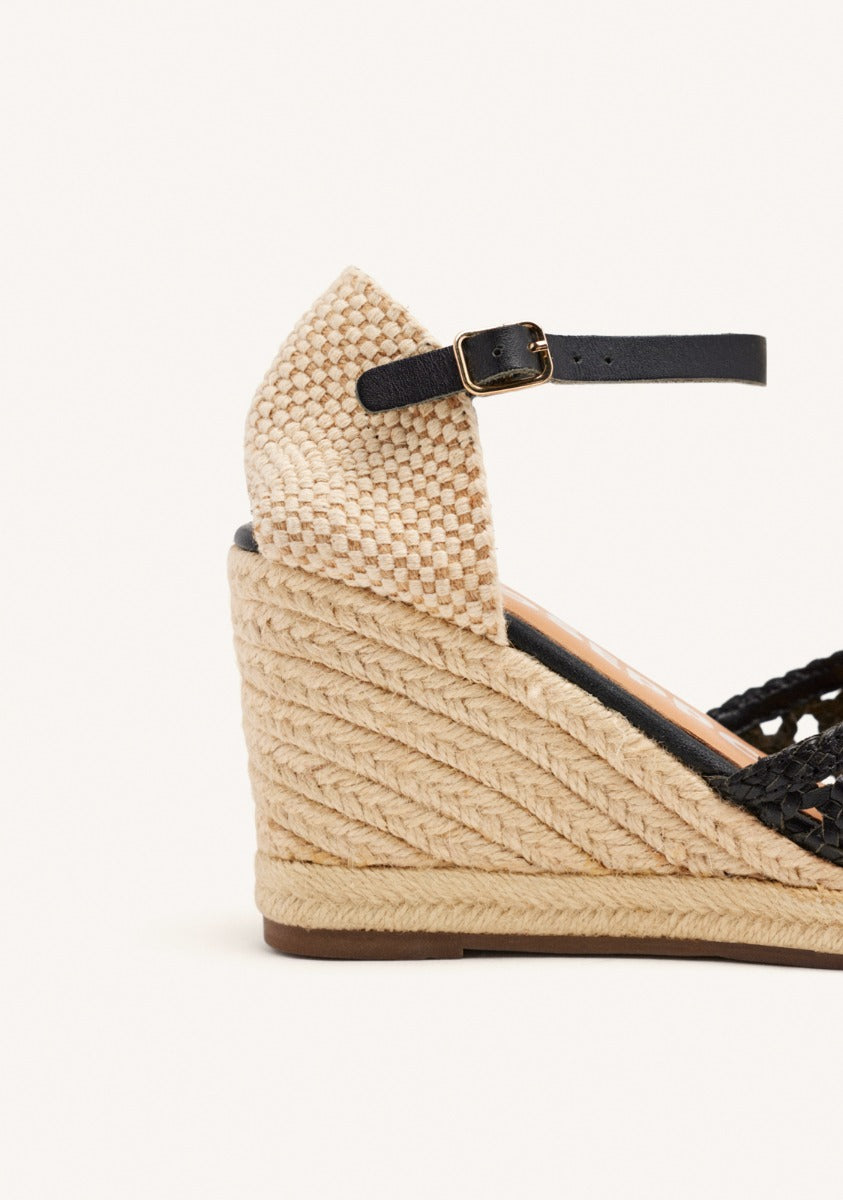 BLACK LEATHER BRAIDED WEDGE ESPADRILLES FOR WOMEN SERIGNAN