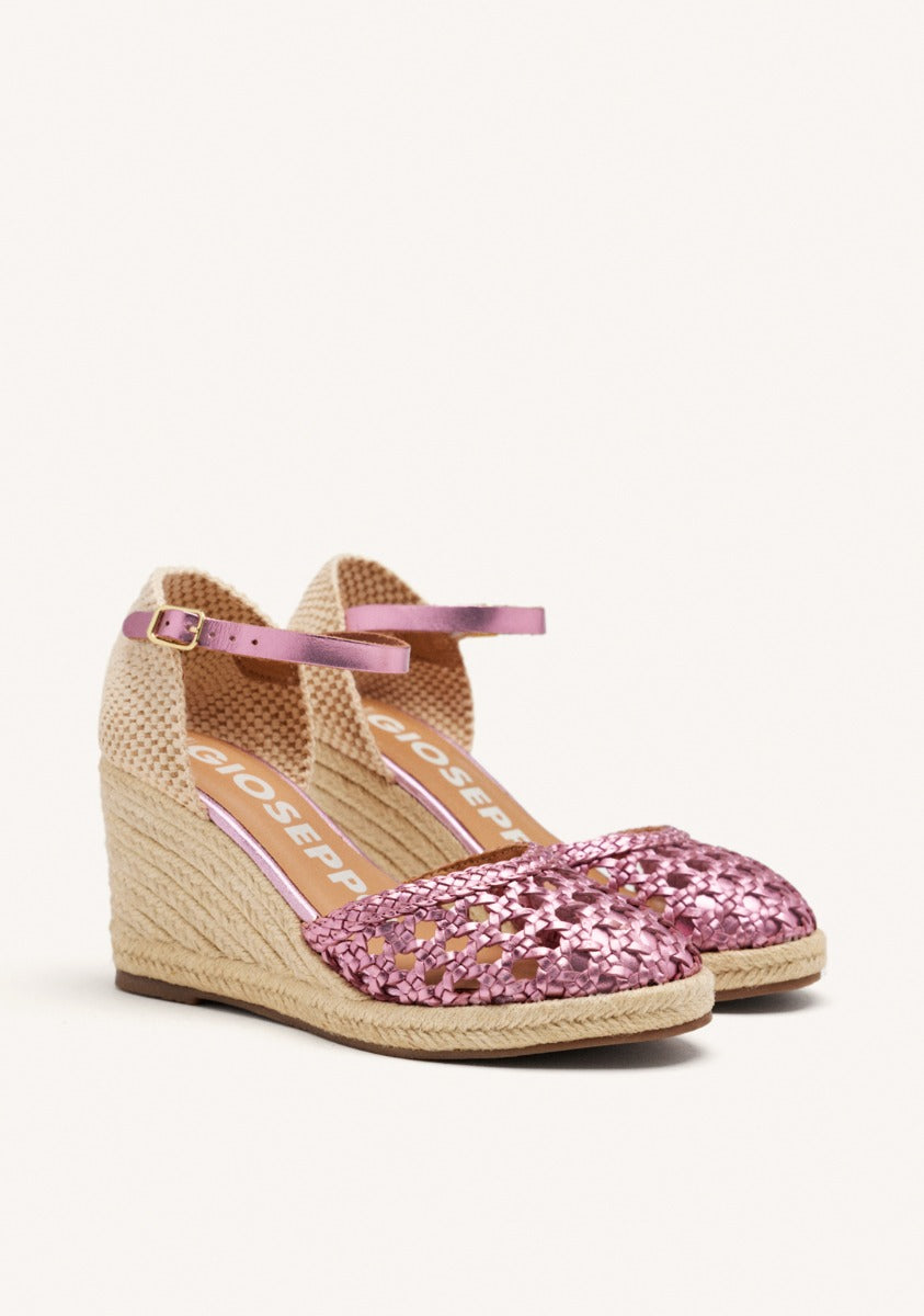 PINK WOVEN LEATHER ESPADRILLES WITH HIGH JUTE WEDGE FOR WOMEN SERIGNAN