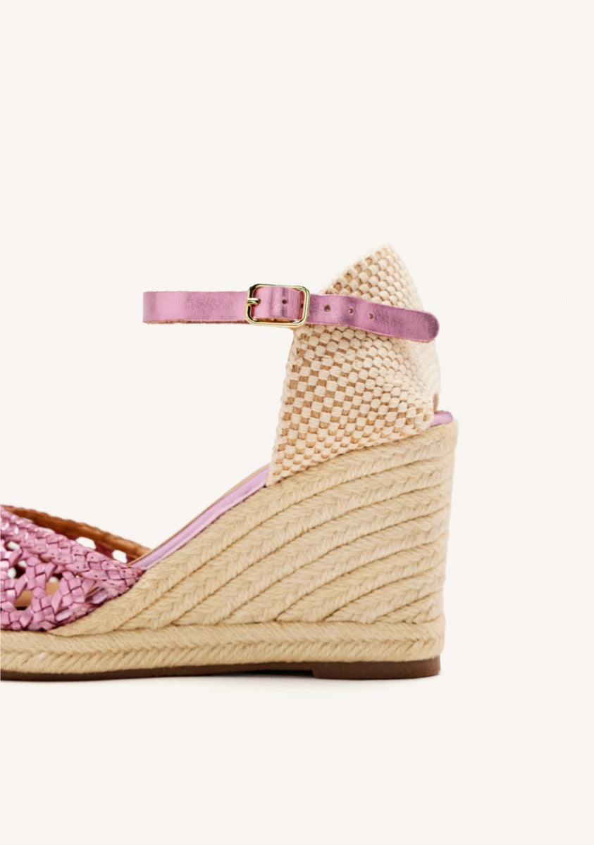 PINK WOVEN LEATHER ESPADRILLES WITH HIGH JUTE WEDGE FOR WOMEN SERIGNAN