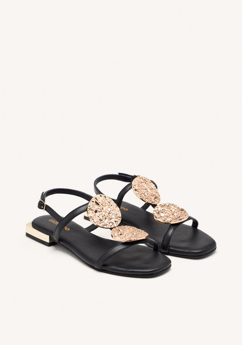 BLACK LEATHER SANDALS WITH METALLIC TRIM FOR WOMEN TROFA