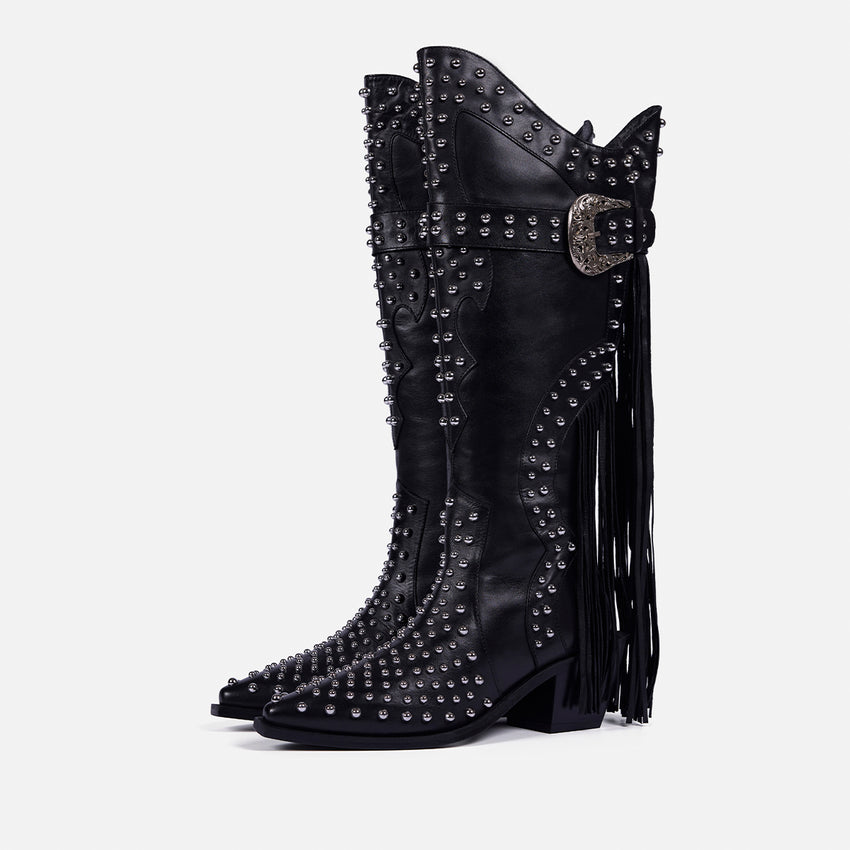 LEATHER HEELED BOOTS STUDS AND FRINGES - ARETHA BY MARÍA ESCOTÉ