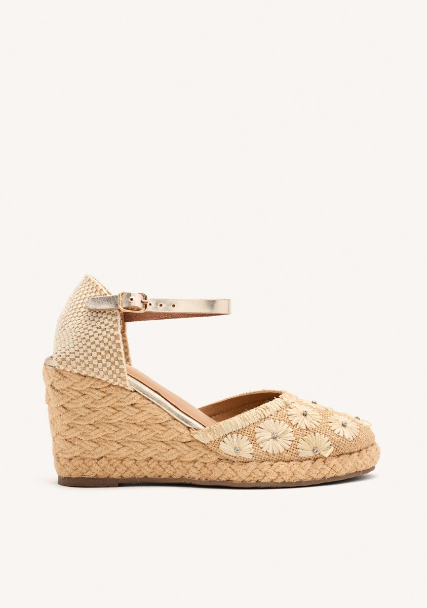 EMBROIDERED LEATHER ESPADRILLES AND RAFFIA WEDGE BENNETT