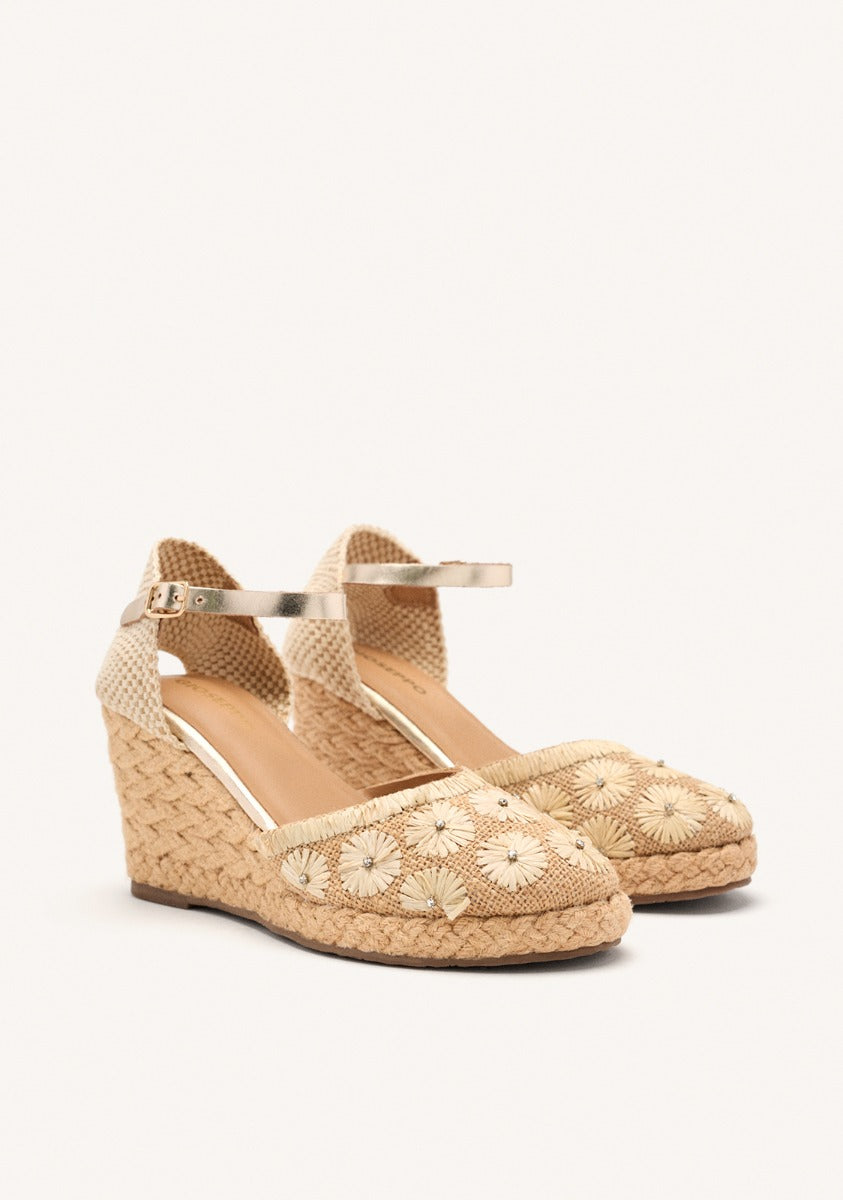 EMBROIDERED LEATHER ESPADRILLES AND RAFFIA WEDGE BENNETT