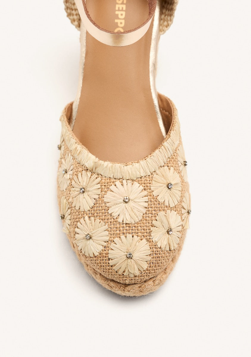 EMBROIDERED LEATHER ESPADRILLES AND RAFFIA WEDGE BENNETT
