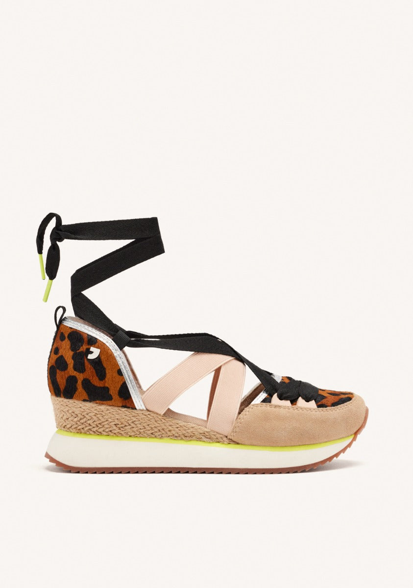 OPEN COW LEATHER SNEAKERS WITH RAFFIA WEDGE LUDLOW