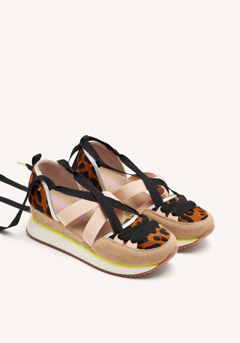 OPEN COW LEATHER SNEAKERS WITH RAFFIA WEDGE LUDLOW