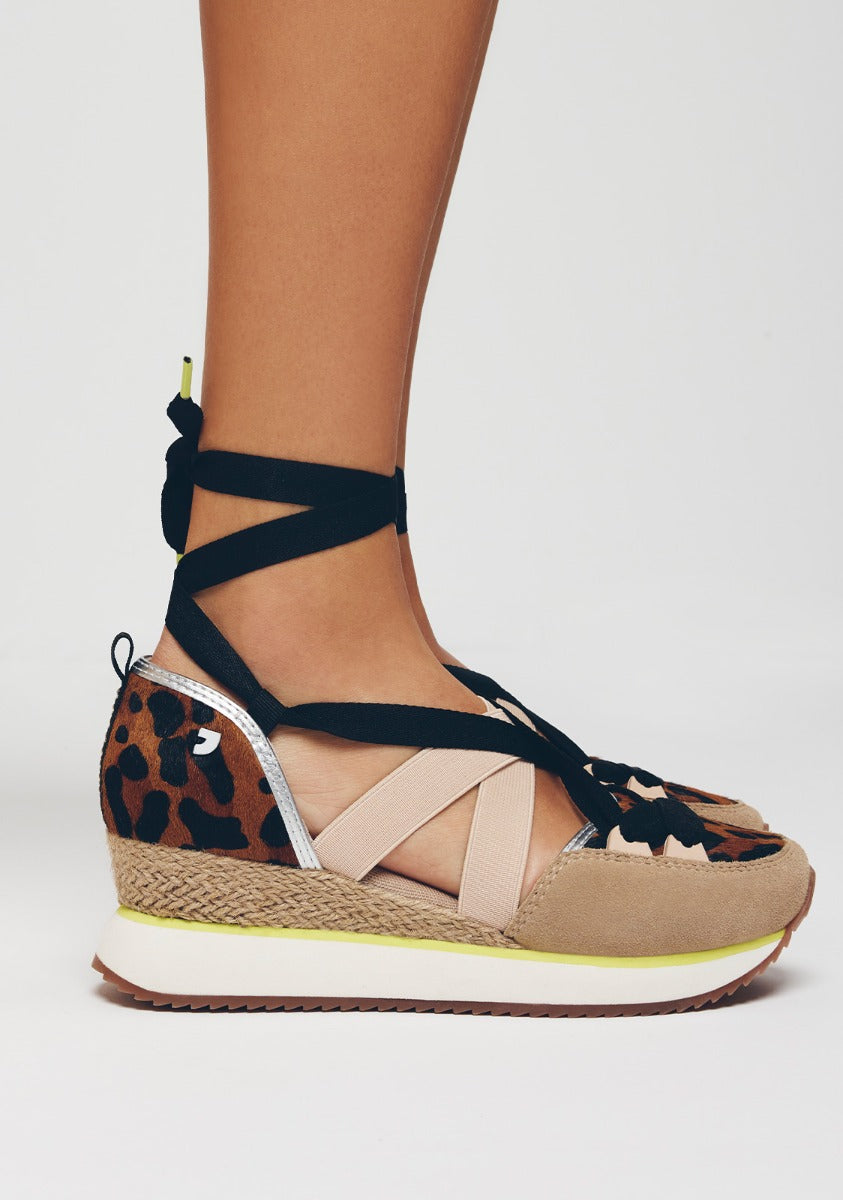 OPEN COW LEATHER SNEAKERS WITH RAFFIA WEDGE LUDLOW