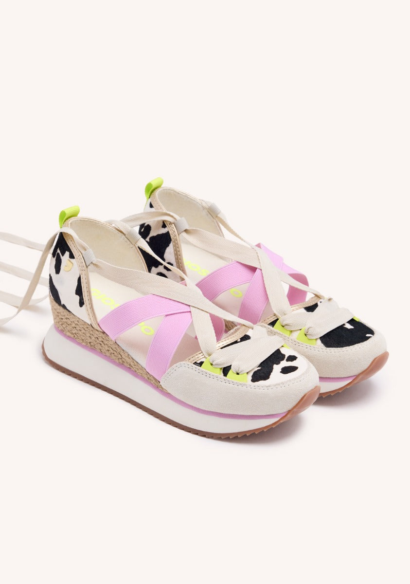 OPEN LEOPARD LEATHER SNEAKERS AND RAFFIA WEDGE LUDLOW