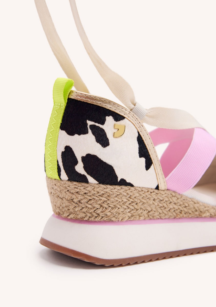 OPEN LEOPARD LEATHER SNEAKERS AND RAFFIA WEDGE LUDLOW