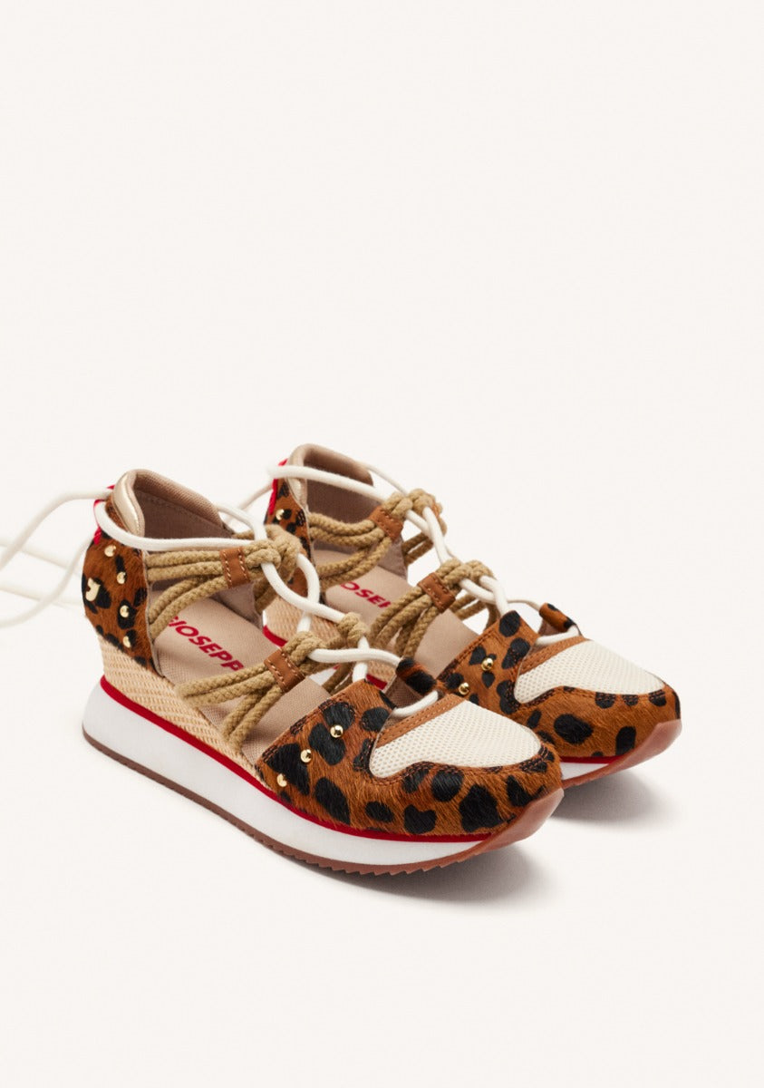 LEOPARD LEATHER SPORTY SANDALS AND RAFFIA WEDGE KEWASKUM