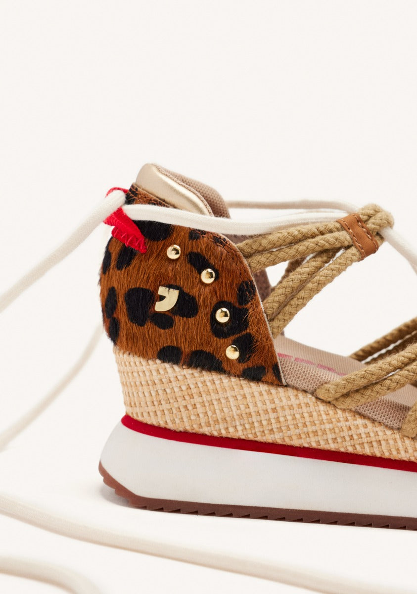 LEOPARD LEATHER SPORTY SANDALS AND RAFFIA WEDGE KEWASKUM