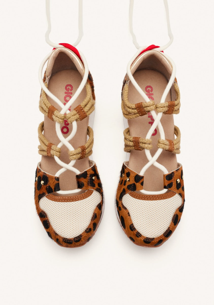 LEOPARD LEATHER SPORTY SANDALS AND RAFFIA WEDGE KEWASKUM