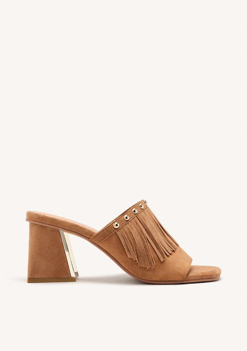 LEATHER FRINGE HEEL MULES SANDALS DIXFIELD