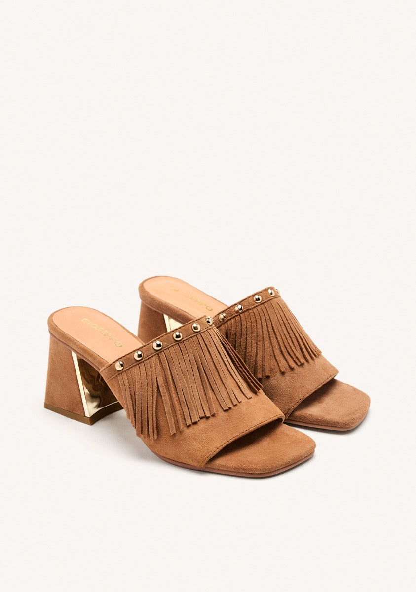 LEATHER FRINGE HEEL MULES SANDALS DIXFIELD
