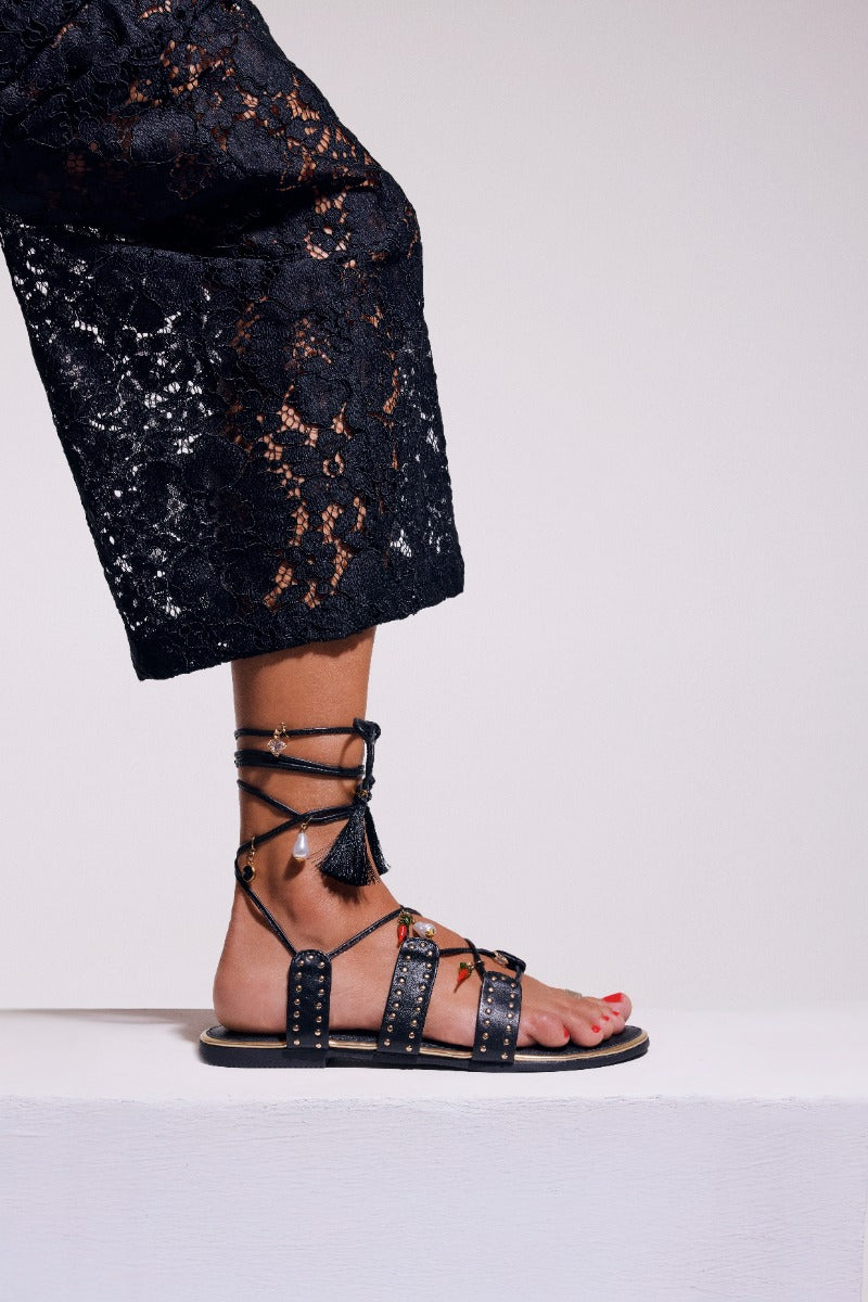 LEATHER SANDALS WITH BEADS AND STUDS IONE