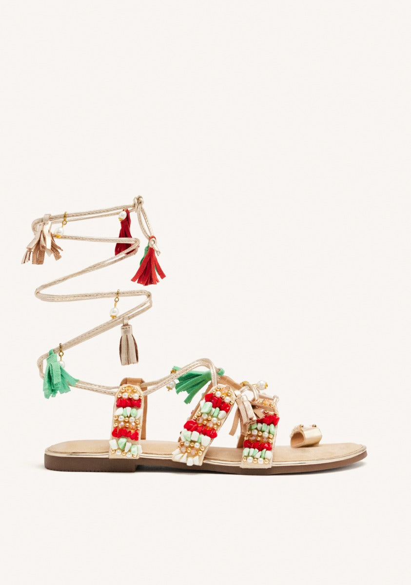 LEATHER SANDALS WITH FRINGES AND BEADS NUBO