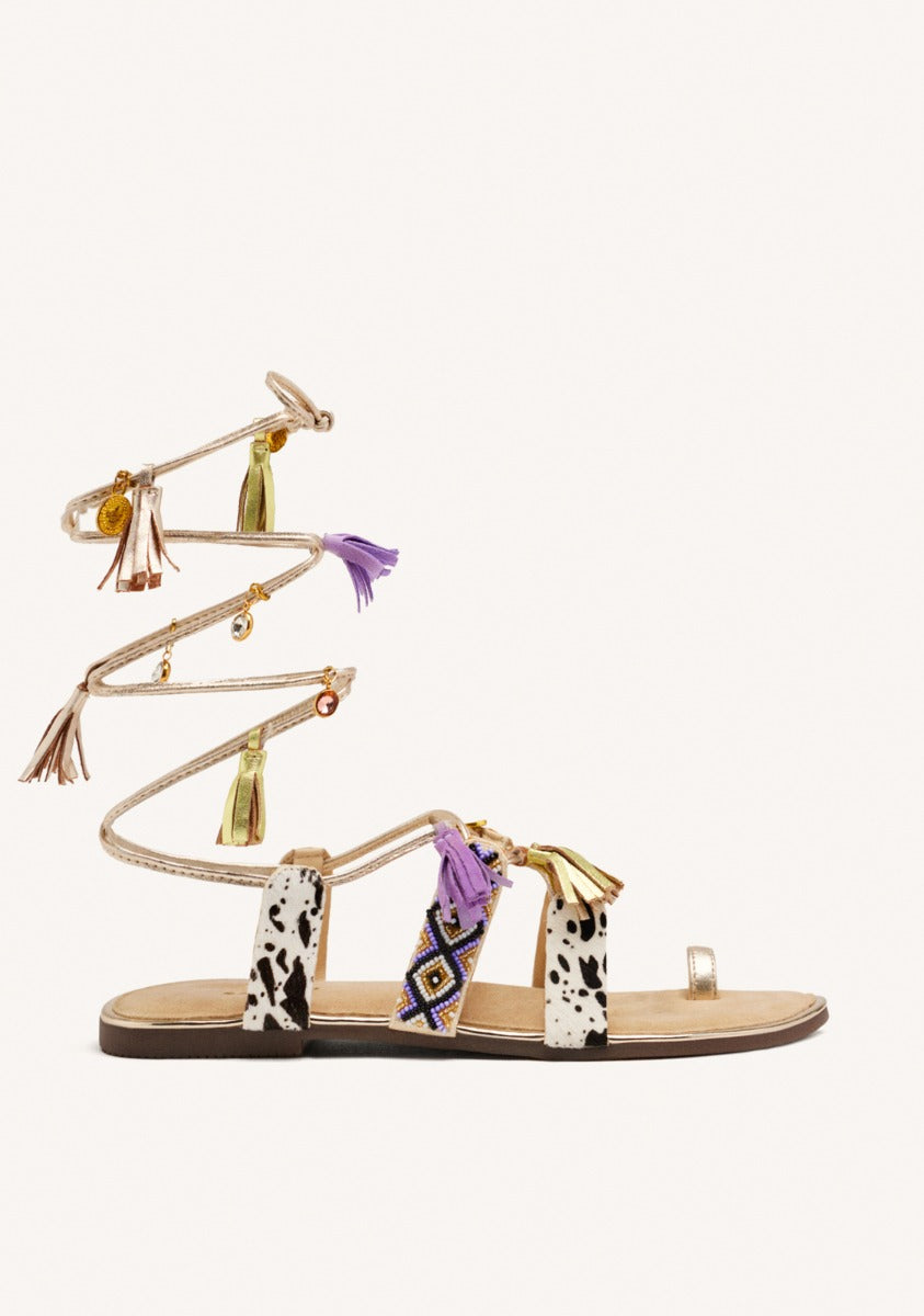 LEATHER SANDALS WITH BEADS AND FRINGES MONTELLO