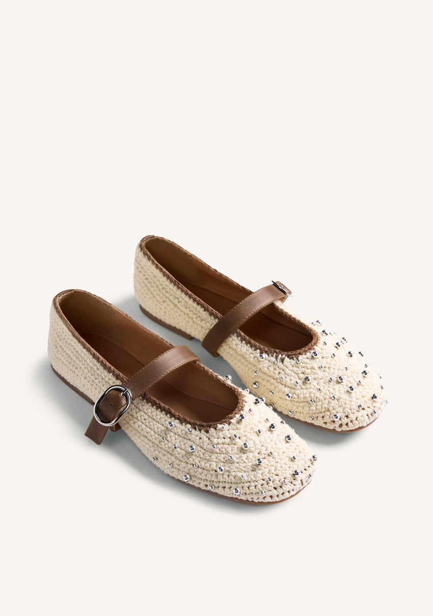 LEATHER, CROCHET AND BEAD BALLET FLATS MANYONI
