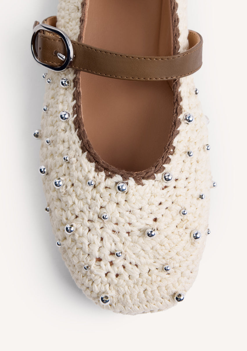 LEATHER, CROCHET AND BEAD BALLET FLATS MANYONI