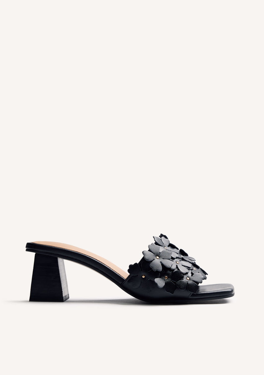 FLOWER LEATHER HEELED MULE SANDALS TANGUB