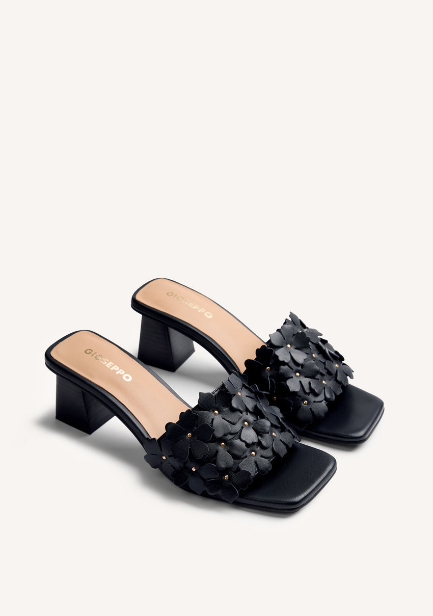 FLOWER LEATHER HEELED MULE SANDALS TANGUB