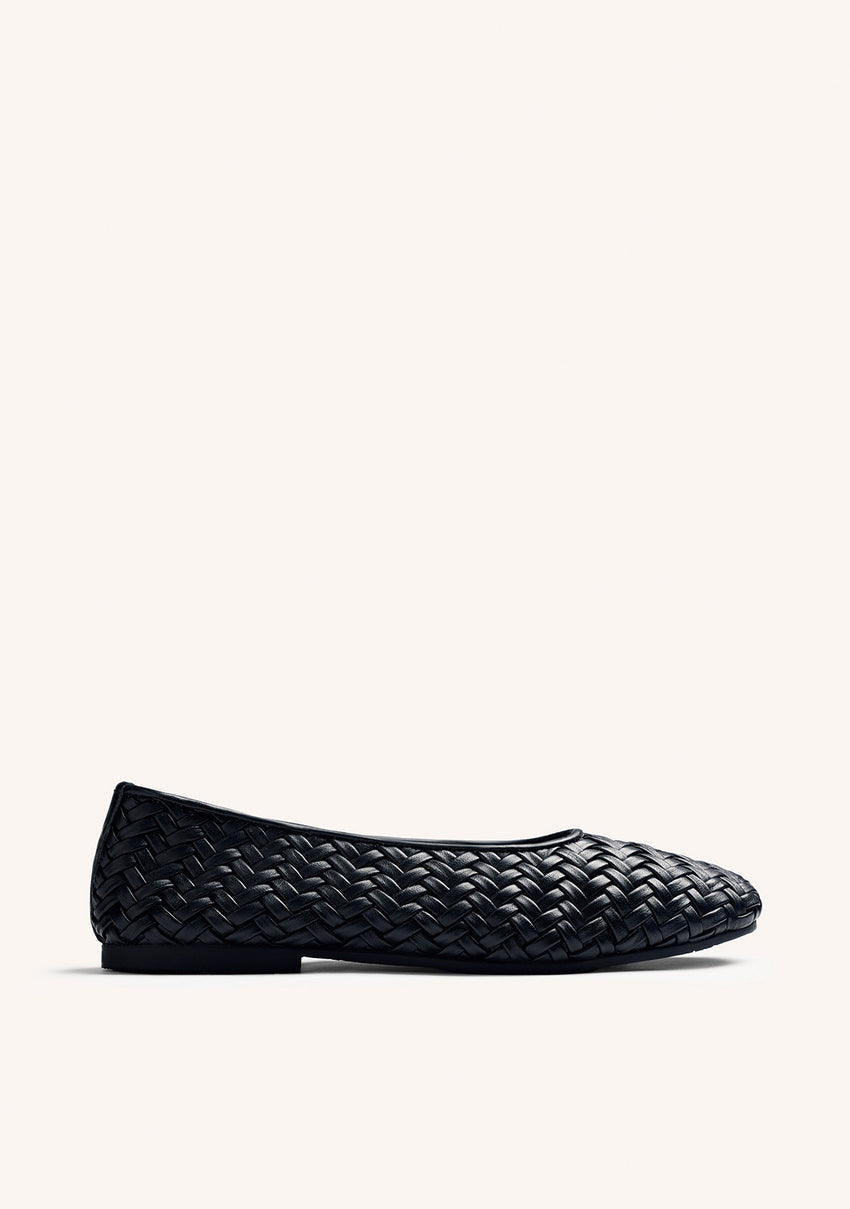 BLACK BRAIDED LEATHER BALLET FLATS