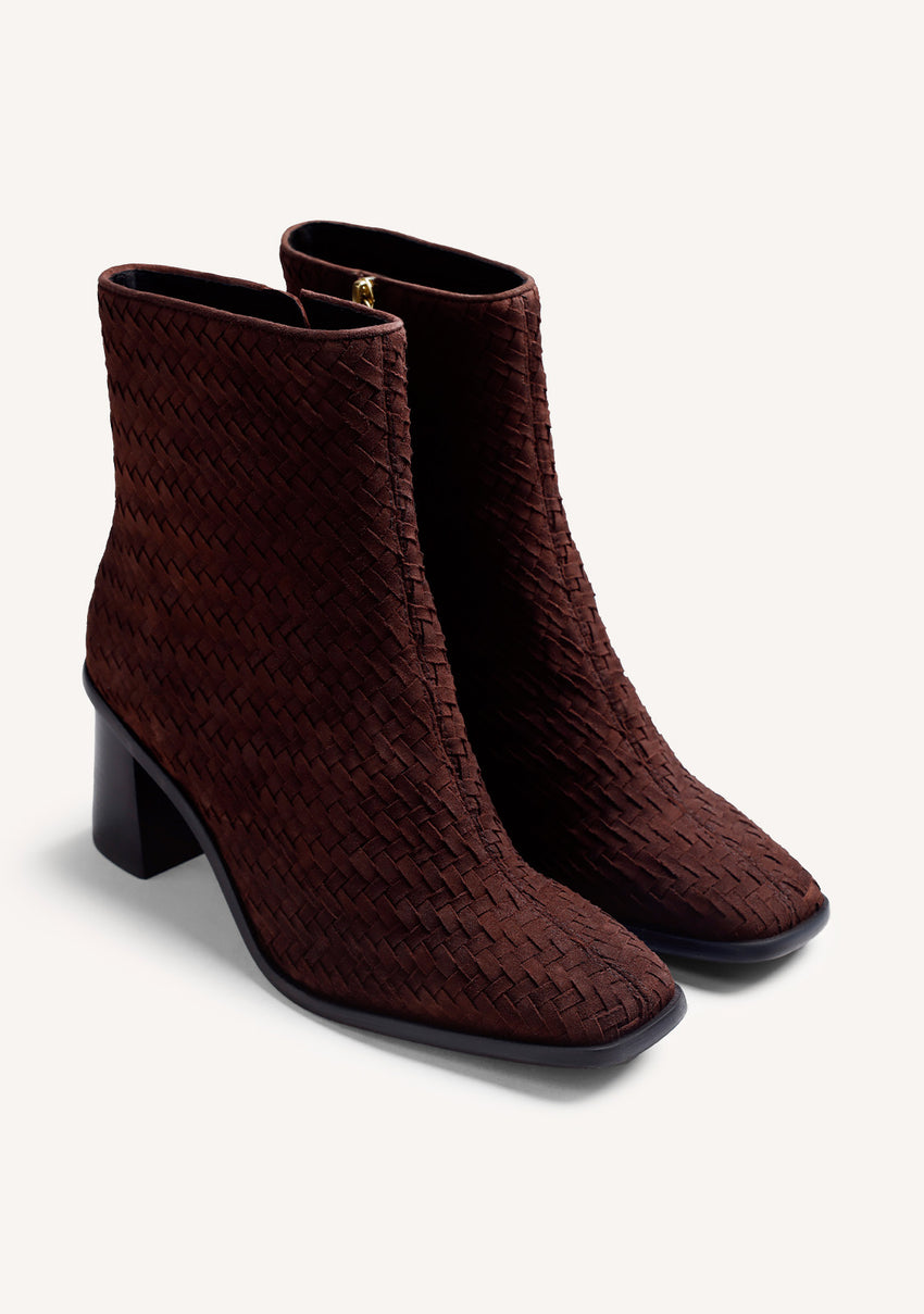 BROWN WOVEN LEATHER ANKLE BOOTS