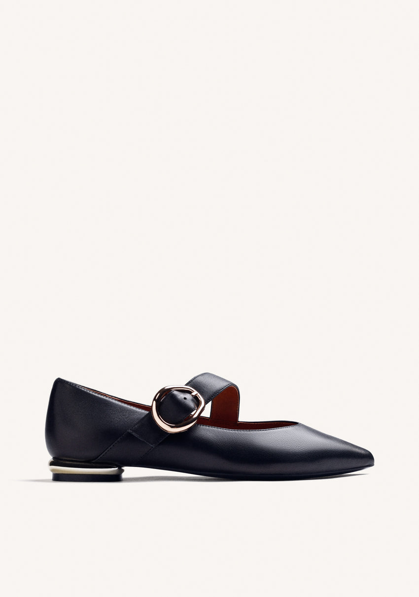 BLACK LEATHER BALLET FLATS WITH BUCKLE