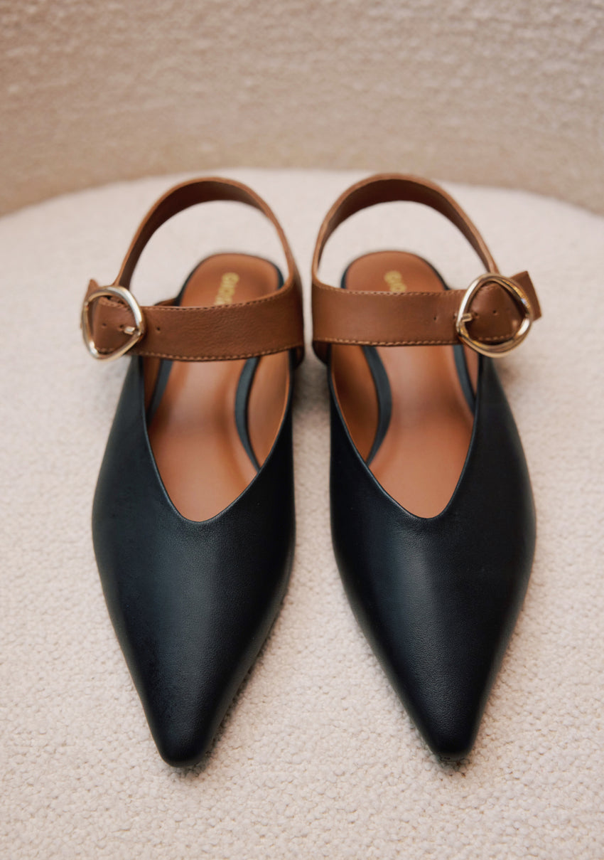 BLACK LEATHER BACKLESS BALLET FLATS