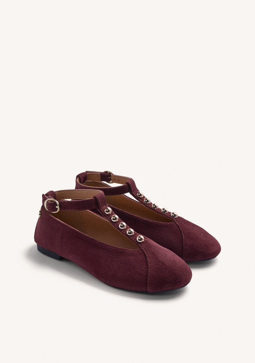 BURGUNDY LEATHER BALLET FLATS WITH STUDS