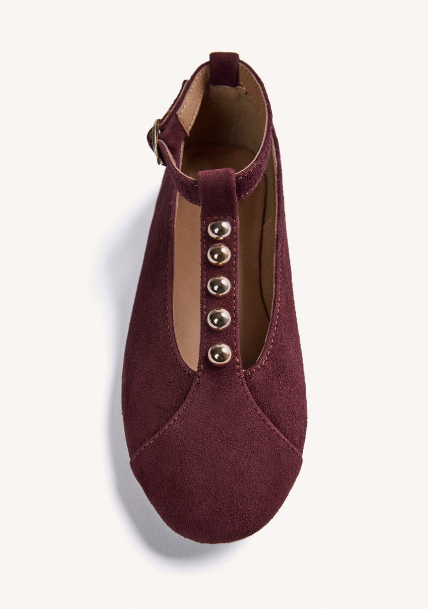 BURGUNDY LEATHER BALLET FLATS WITH STUDS