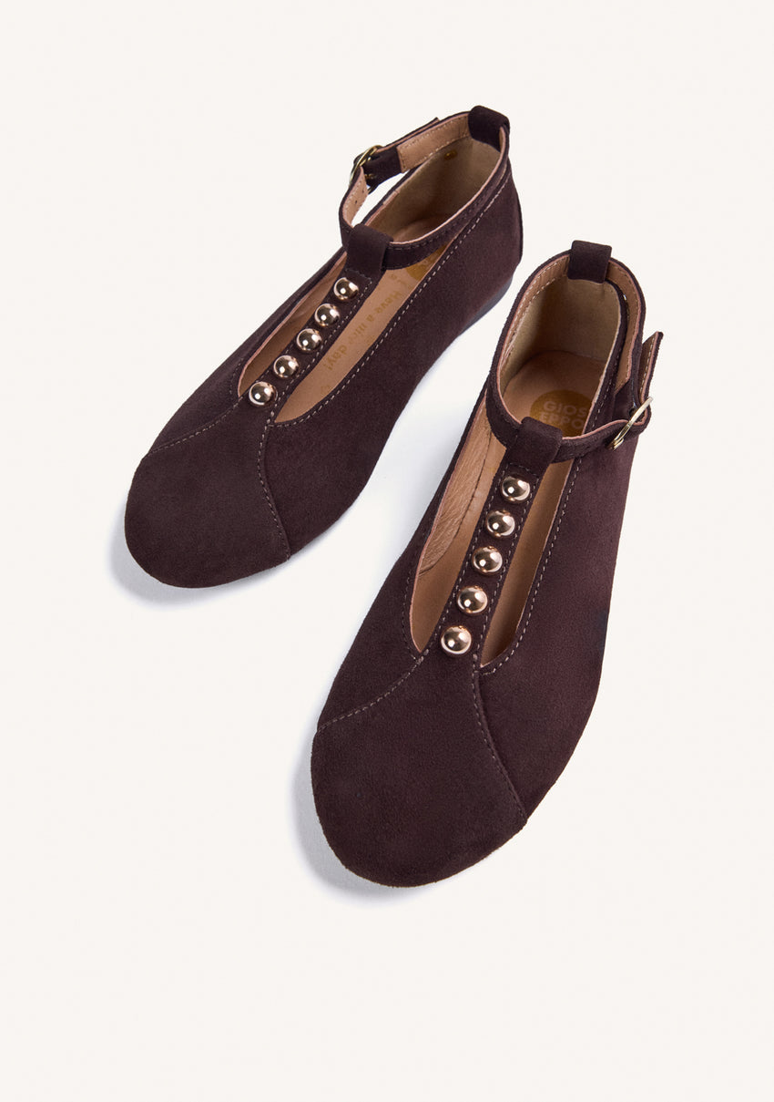 BROWN LEATHER BALLET FLATS WITH STUDS