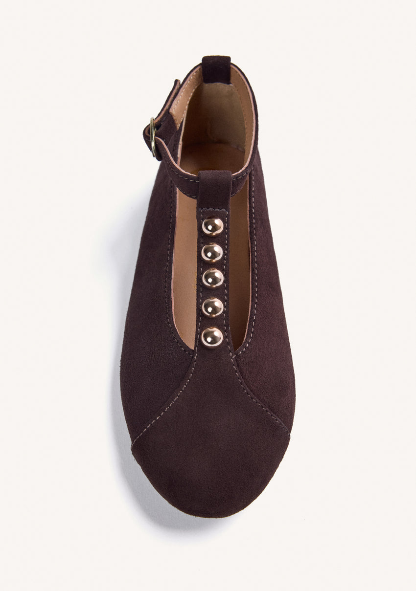 BROWN LEATHER BALLET FLATS WITH STUDS